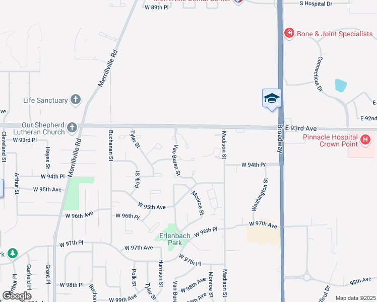 map of restaurants, bars, coffee shops, grocery stores, and more near 601 West 93rd Court in Crown Point