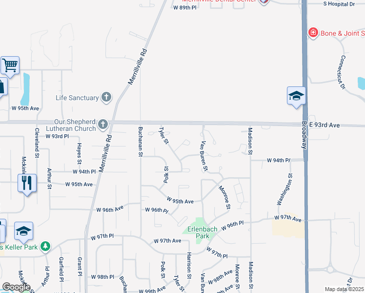 map of restaurants, bars, coffee shops, grocery stores, and more near 1362 West 94th Court in Crown Point