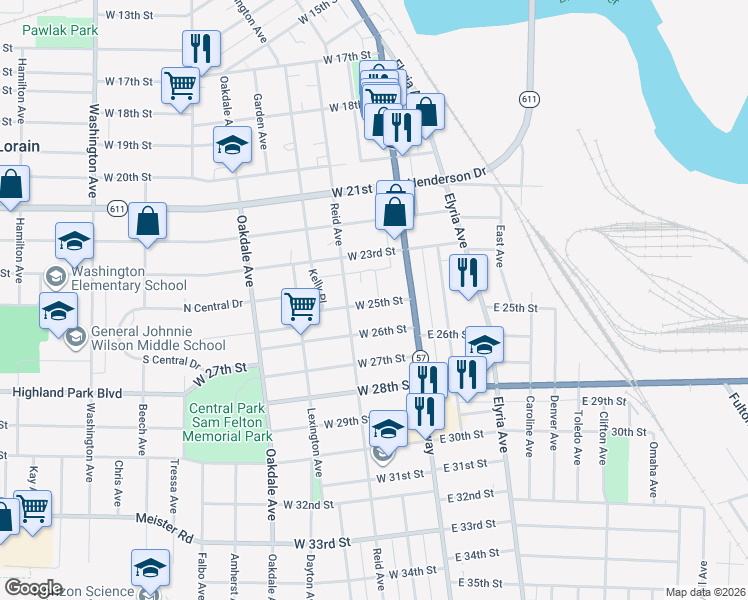 map of restaurants, bars, coffee shops, grocery stores, and more near 202 West 25th Street in Lorain