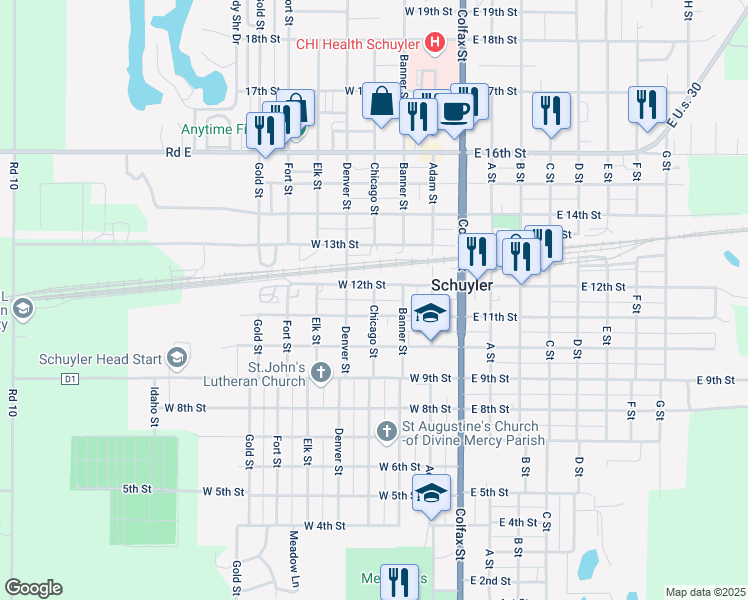 map of restaurants, bars, coffee shops, grocery stores, and more near 1151 Chicago Street in Schuyler