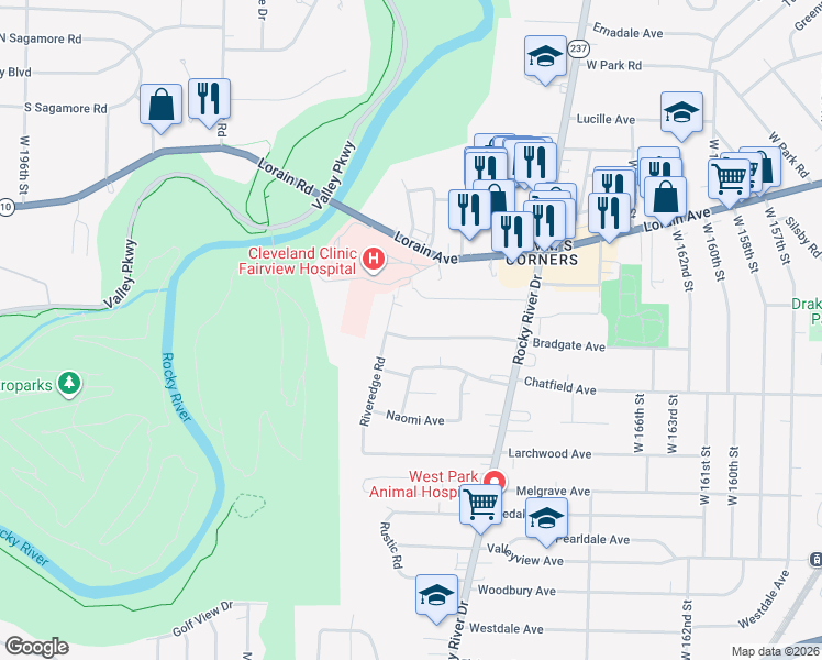 map of restaurants, bars, coffee shops, grocery stores, and more near 17620 Bradgate Avenue in Cleveland