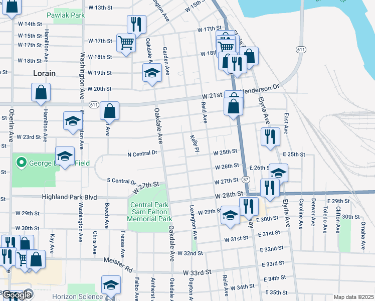 map of restaurants, bars, coffee shops, grocery stores, and more near 2405 Lexington Avenue in Lorain