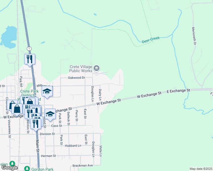 map of restaurants, bars, coffee shops, grocery stores, and more near 242 Milburn Avenue in Crete