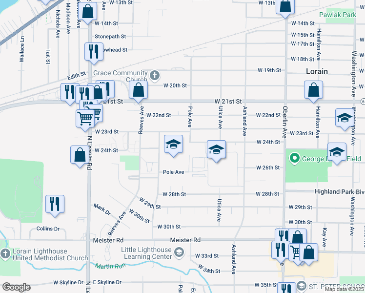 map of restaurants, bars, coffee shops, grocery stores, and more near 2350 Pole Avenue in Lorain