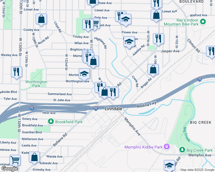 map of restaurants, bars, coffee shops, grocery stores, and more near 3857 West 116th Street in Cleveland