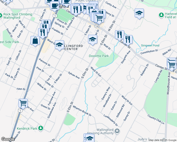 map of restaurants, bars, coffee shops, grocery stores, and more near 192 South Elm Street in Wallingford