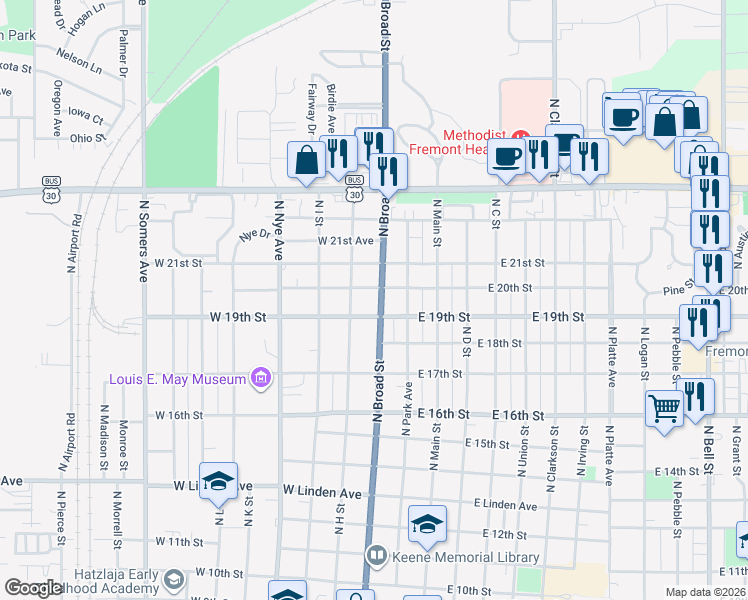map of restaurants, bars, coffee shops, grocery stores, and more near 215 West 20th Street in Fremont