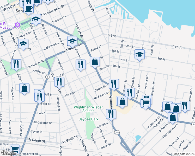map of restaurants, bars, coffee shops, grocery stores, and more near 1125 Warren St in Sandusky