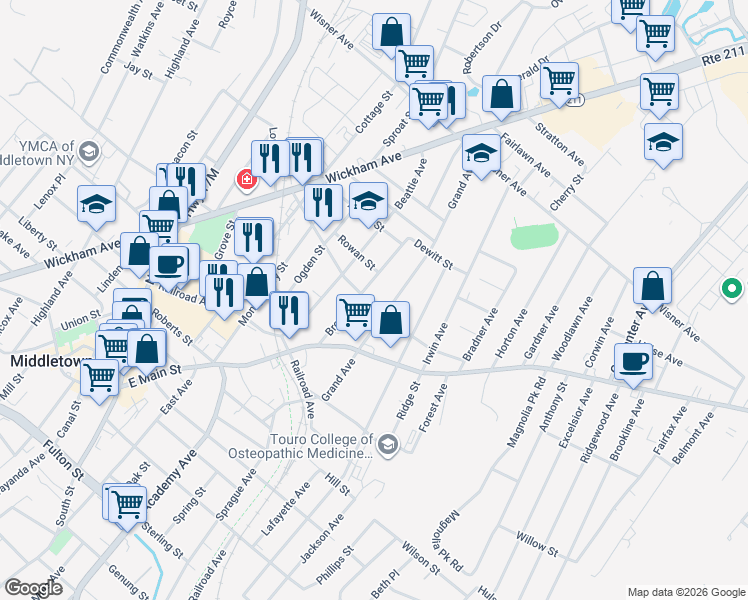 map of restaurants, bars, coffee shops, grocery stores, and more near 53 Prince Street in Middletown
