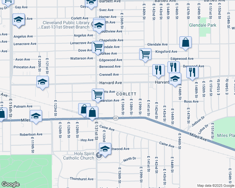 map of restaurants, bars, coffee shops, grocery stores, and more near 4086 East 136th Street in Cleveland