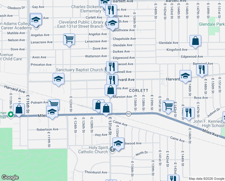 map of restaurants, bars, coffee shops, grocery stores, and more near 4089 East 131st Street in Cleveland