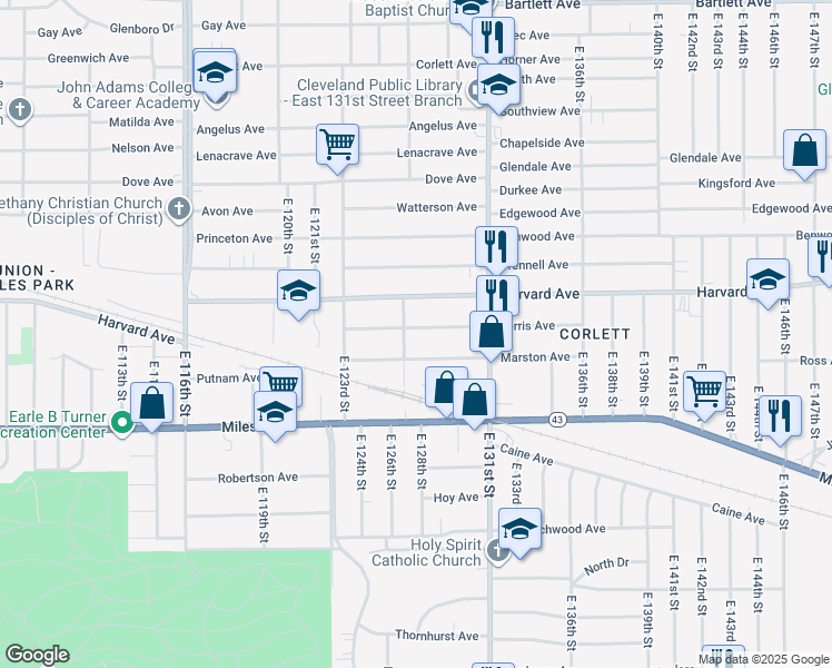 map of restaurants, bars, coffee shops, grocery stores, and more near 12710 Ferris Avenue in Cleveland