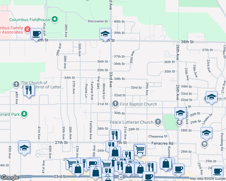 map of restaurants, bars, coffee shops, grocery stores, and more near 3235 33rd Avenue in Columbus