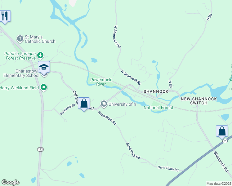 map of restaurants, bars, coffee shops, grocery stores, and more near 152 Old Shannock Road in Charlestown