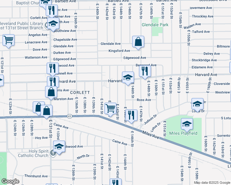 map of restaurants, bars, coffee shops, grocery stores, and more near 4086 East 143rd Street in Cleveland