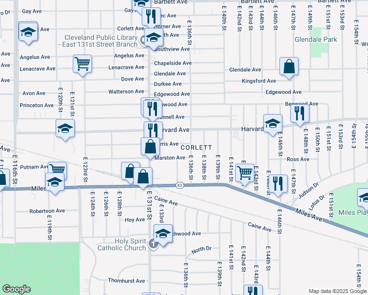 map of restaurants, bars, coffee shops, grocery stores, and more near 4086 East 136th Street in Cleveland