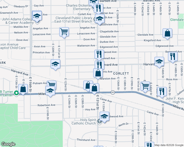 map of restaurants, bars, coffee shops, grocery stores, and more near 12908 Ferris Avenue in Cleveland