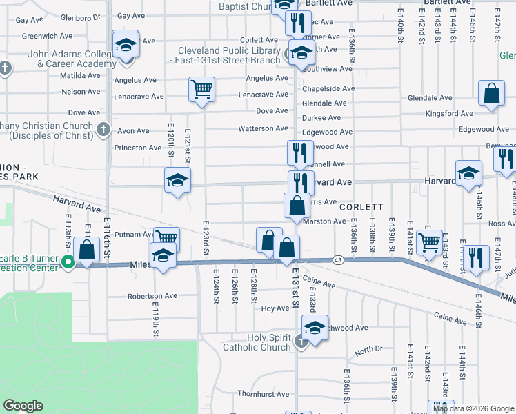 map of restaurants, bars, coffee shops, grocery stores, and more near 12710 Ferris Avenue in Cleveland