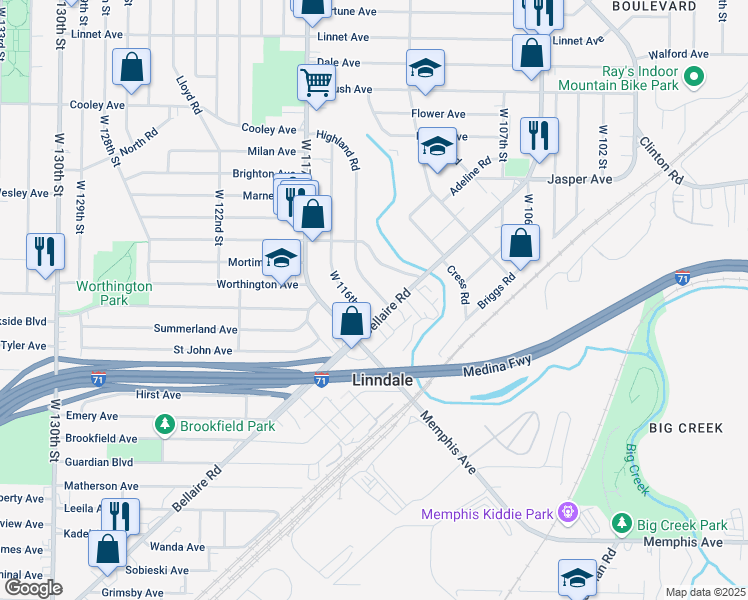 map of restaurants, bars, coffee shops, grocery stores, and more near 3857 West 116th Street in Cleveland