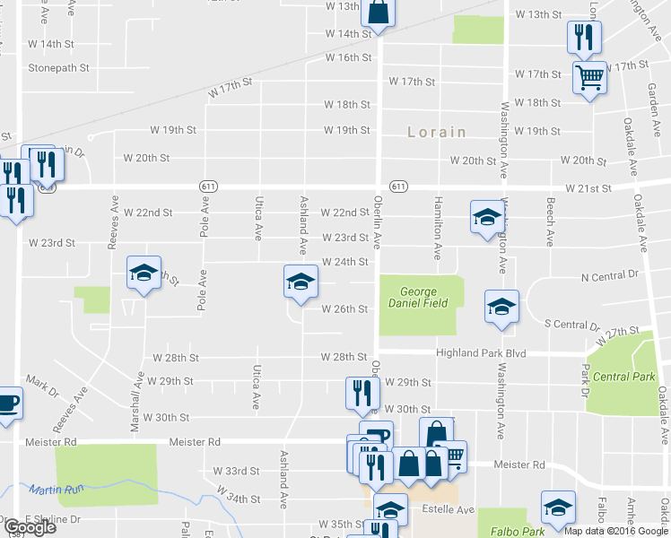 map of restaurants, bars, coffee shops, grocery stores, and more near 1229 West 24th Street in Lorain