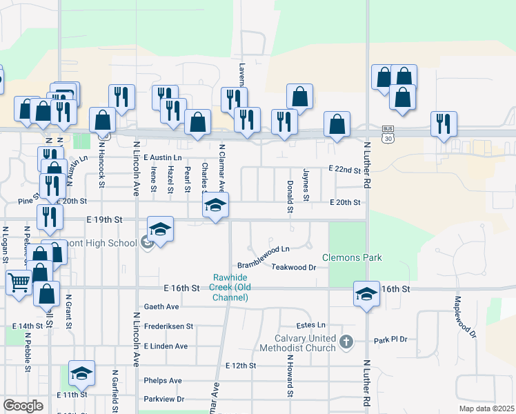 map of restaurants, bars, coffee shops, grocery stores, and more near 2017 East 20th Street in Fremont