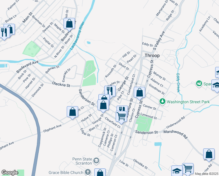 map of restaurants, bars, coffee shops, grocery stores, and more near 505 Center Street in Throop