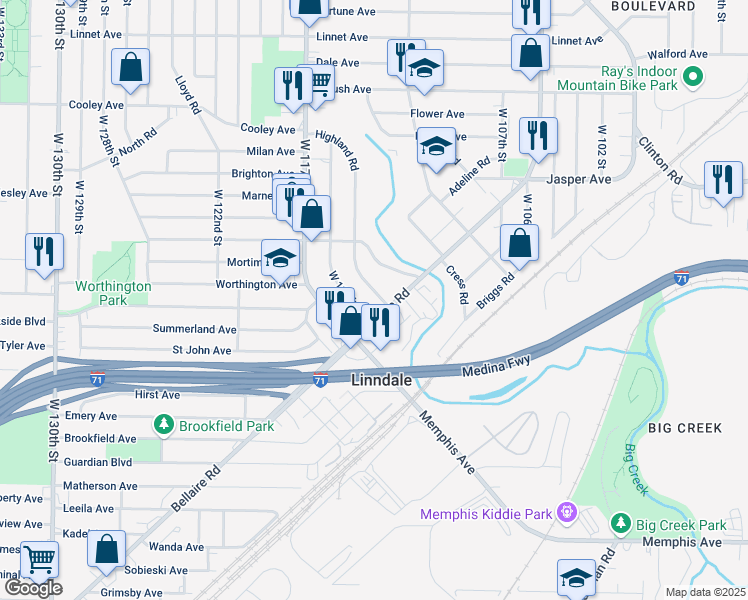 map of restaurants, bars, coffee shops, grocery stores, and more near 3857 West 116th Street in Cleveland