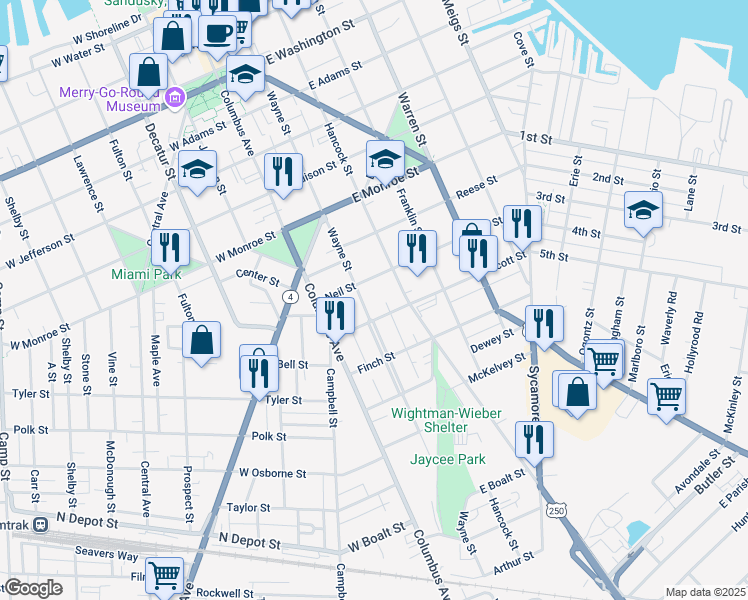 map of restaurants, bars, coffee shops, grocery stores, and more near 217a Scott Street in Sandusky