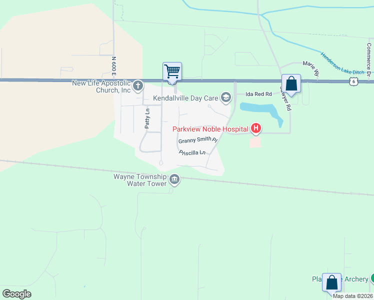 map of restaurants, bars, coffee shops, grocery stores, and more near 2014 Priscilla Ln in Kendallville