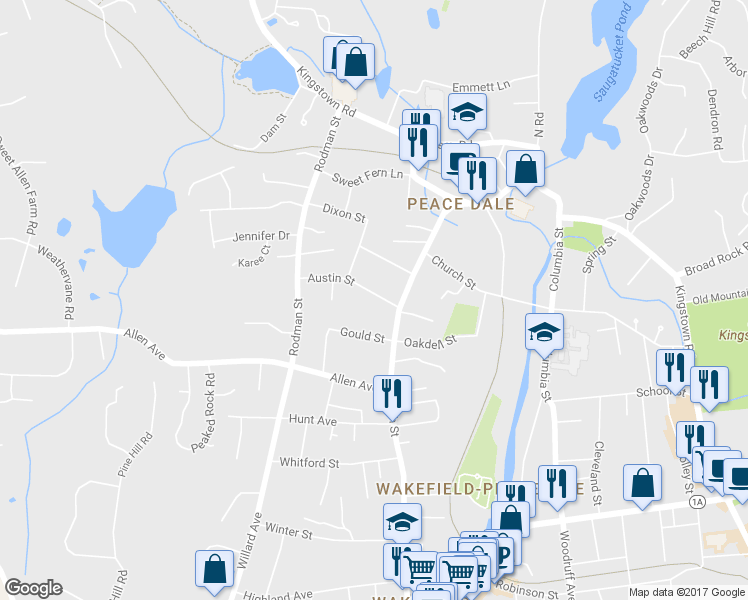 map of restaurants, bars, coffee shops, grocery stores, and more near 26 Austin Street in South Kingstown