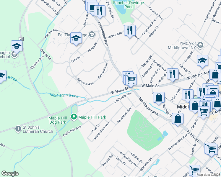 map of restaurants, bars, coffee shops, grocery stores, and more near 25 Maryland Avenue in Middletown