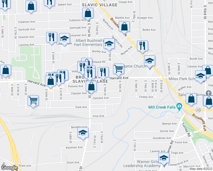 map of restaurants, bars, coffee shops, grocery stores, and more near 4075 East 74th Street in Cleveland