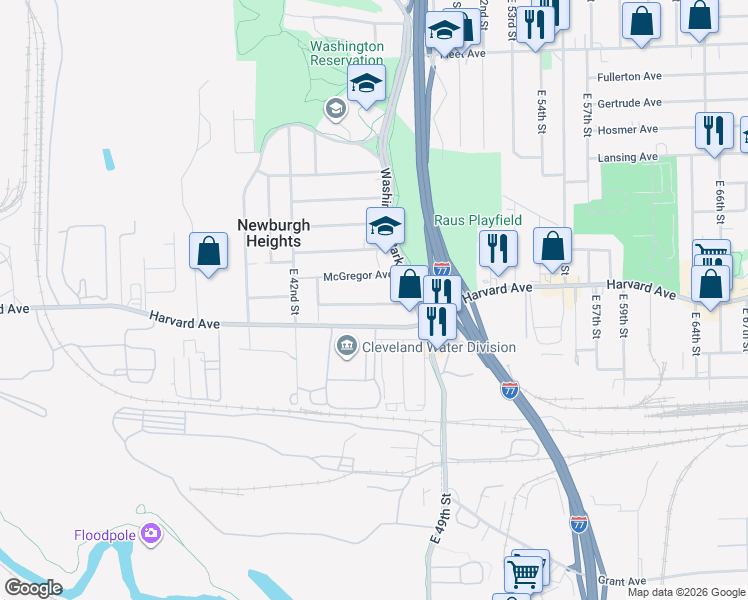 map of restaurants, bars, coffee shops, grocery stores, and more near 4609 Pearse Avenue in Newburgh Heights