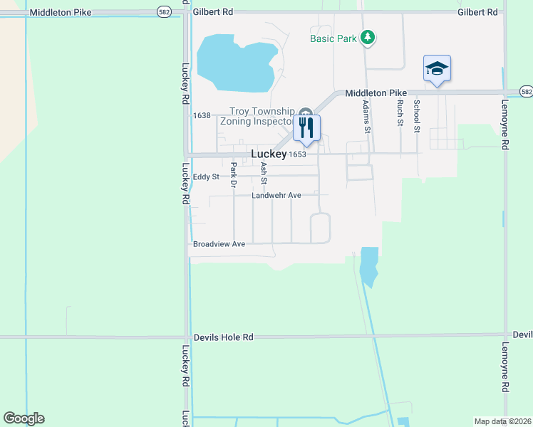 map of restaurants, bars, coffee shops, grocery stores, and more near 340 Welling Avenue in Luckey