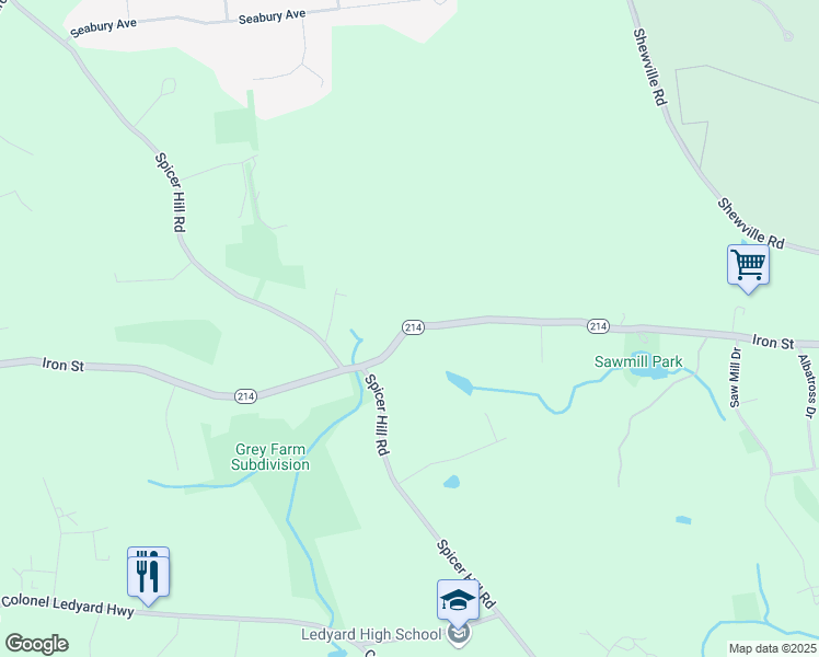 map of restaurants, bars, coffee shops, grocery stores, and more near Iron Street in Ledyard