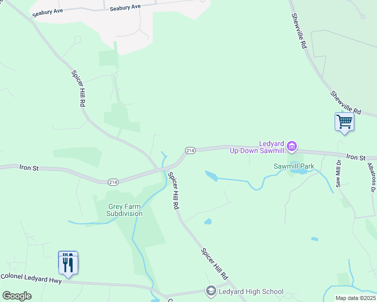 map of restaurants, bars, coffee shops, grocery stores, and more near Iron Street in Ledyard