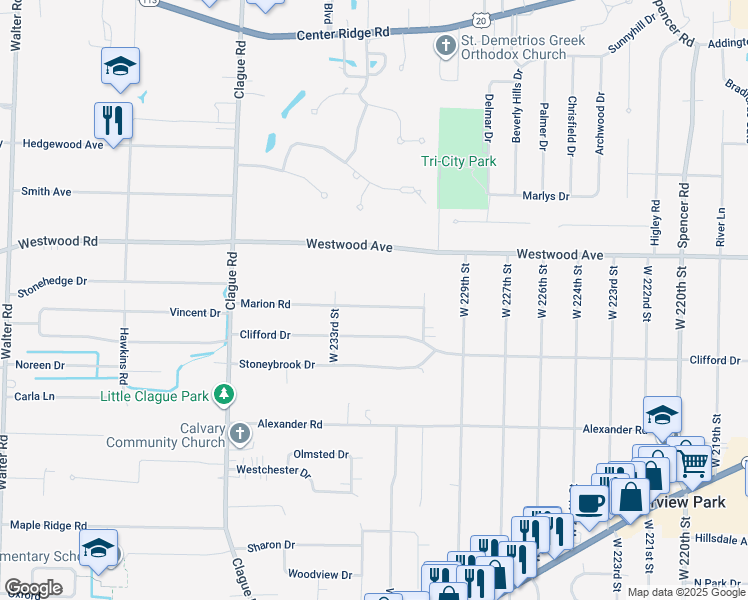 map of restaurants, bars, coffee shops, grocery stores, and more near 23164 Marion Road in North Olmsted