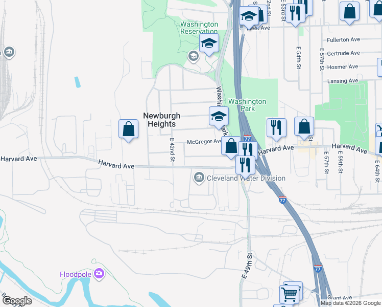 map of restaurants, bars, coffee shops, grocery stores, and more near 4055 East 44th Street in Newburgh Heights
