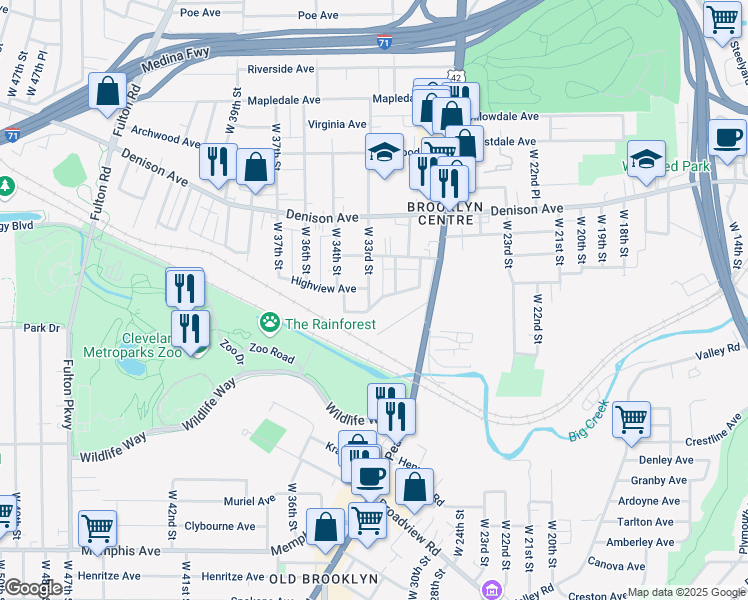 map of restaurants, bars, coffee shops, grocery stores, and more near 3935 West 33rd Street in Cleveland