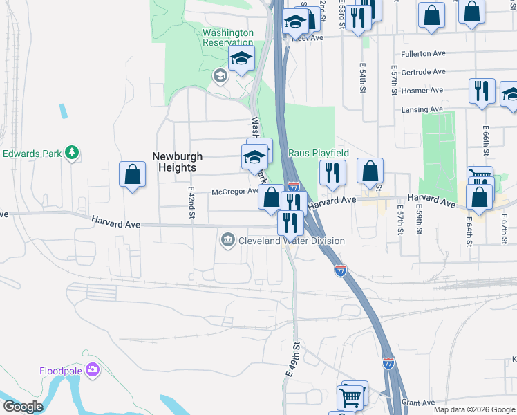 map of restaurants, bars, coffee shops, grocery stores, and more near 4701 Pearse Avenue in Newburgh Heights