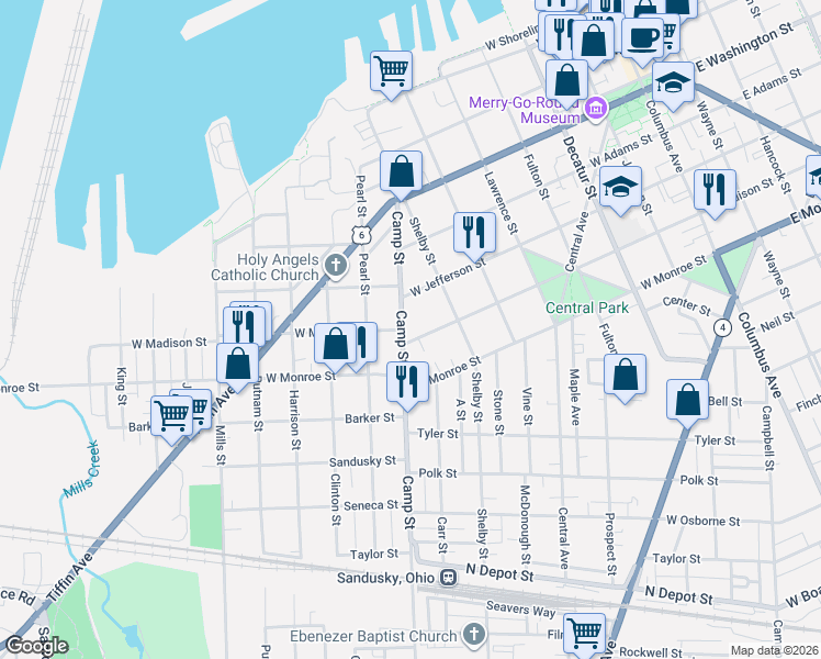 map of restaurants, bars, coffee shops, grocery stores, and more near 540 Camp Street in Sandusky