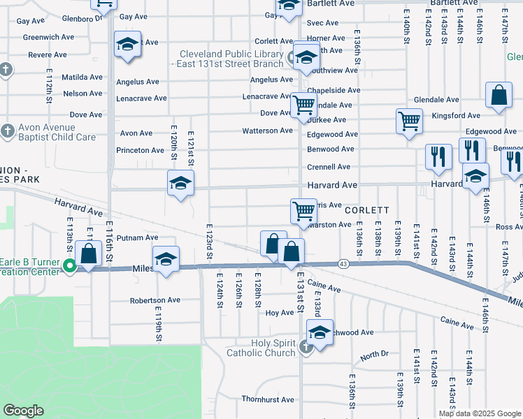 map of restaurants, bars, coffee shops, grocery stores, and more near 12710 Ferris Avenue in Cleveland