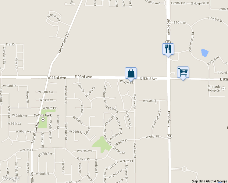 map of restaurants, bars, coffee shops, grocery stores, and more near 601 West 93rd Court in Crown Point