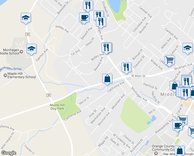 map of restaurants, bars, coffee shops, grocery stores, and more near 227 West Main Street in Middletown