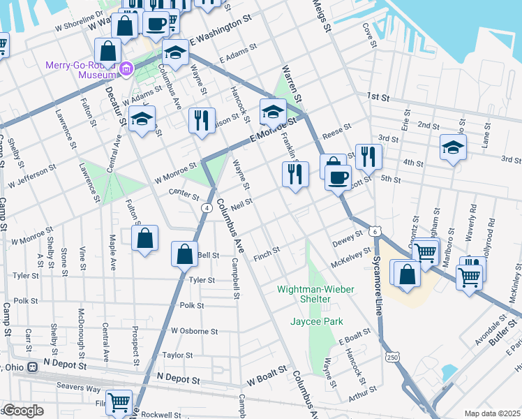 map of restaurants, bars, coffee shops, grocery stores, and more near 217a Scott Street in Sandusky