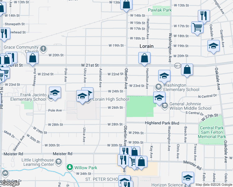 map of restaurants, bars, coffee shops, grocery stores, and more near 1229 West 24th Street in Lorain