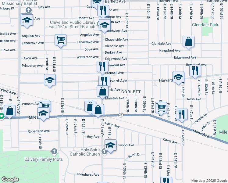 map of restaurants, bars, coffee shops, grocery stores, and more near 13310 Ferris Avenue in Cleveland