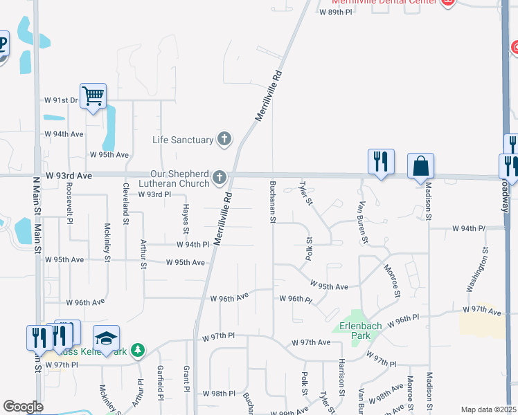 map of restaurants, bars, coffee shops, grocery stores, and more near 1422 West 94th Avenue in Crown Point