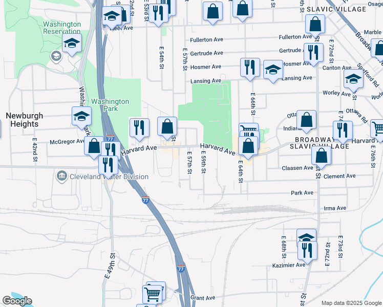 map of restaurants, bars, coffee shops, grocery stores, and more near 4063 East 57th Street in Cleveland