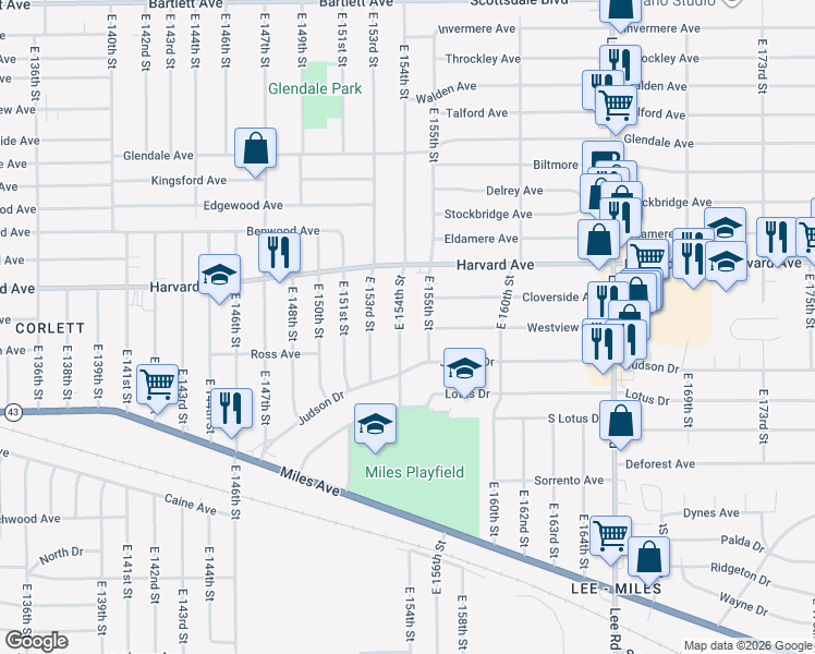 map of restaurants, bars, coffee shops, grocery stores, and more near 4109 East 154th Street in Cleveland